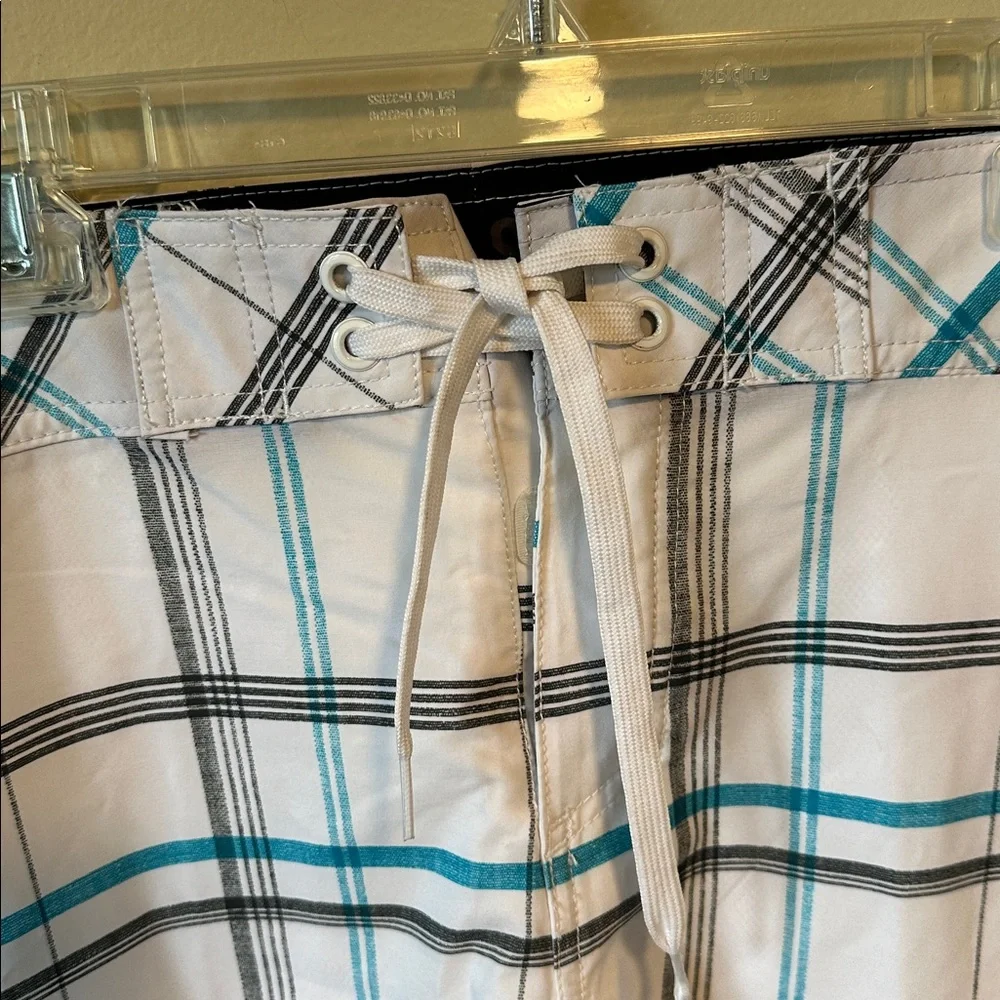 Mossimo Supply Co White Plaid Swim Shorts with Teal & Black Stripes-Size 34